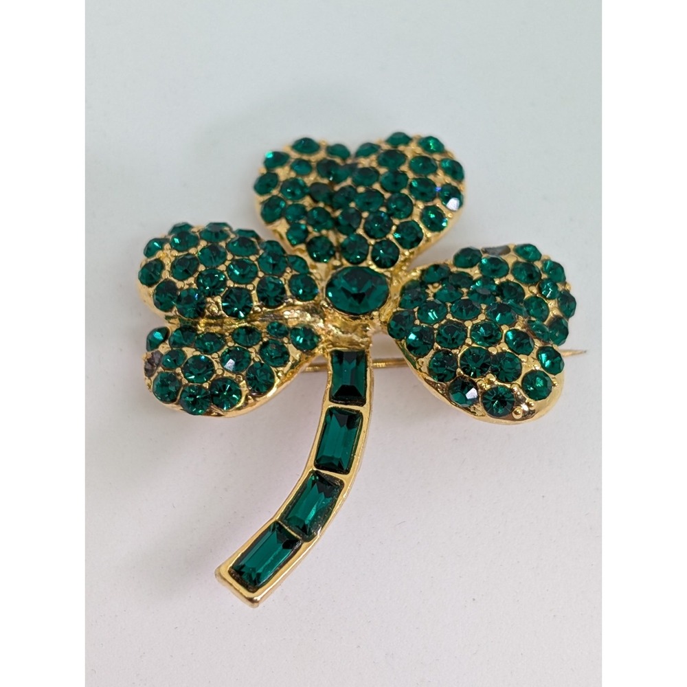 Vintage St Patrick's Day Rhinestone Shamrock 3-leaf‎ Clover Tac Lapel Pin